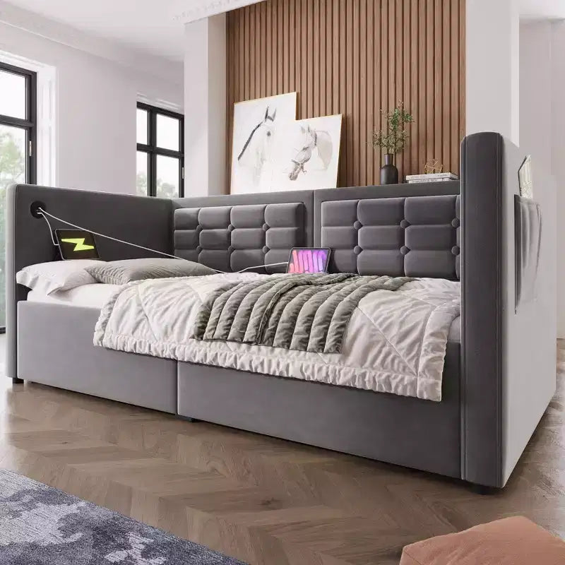 Canapé-lit moderne double avec USB et rangement dissimulé, lit de repos capitonné rembourré pour chambre à coucher, chambre d'enfant, bureau