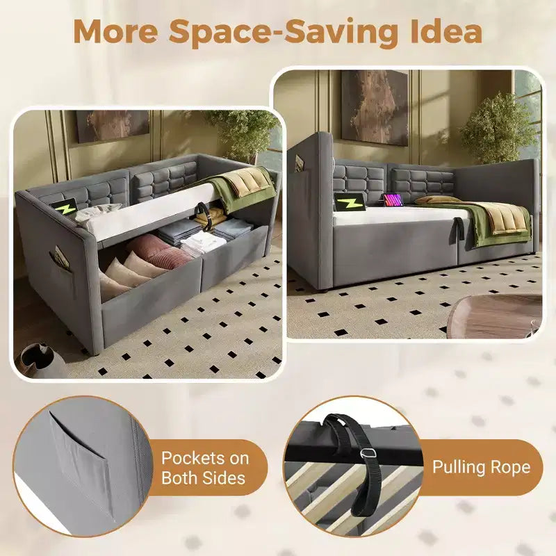 Canapé-lit moderne double avec USB et rangement dissimulé, lit de repos capitonné rembourré pour chambre à coucher, chambre d'enfant, bureau