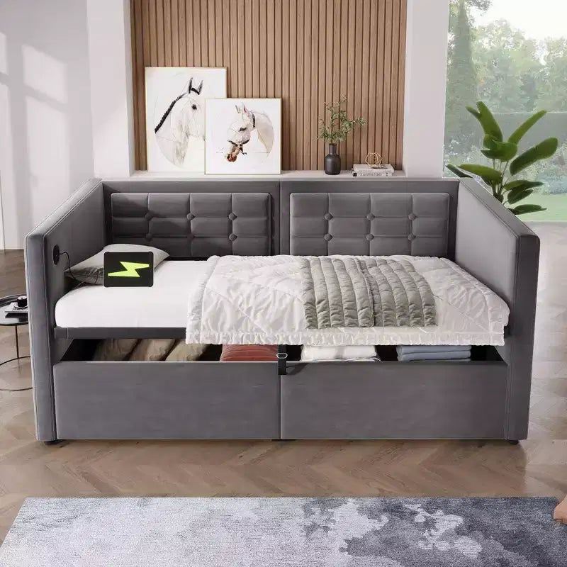 Canapé-lit moderne double avec USB et rangement dissimulé, lit de repos capitonné rembourré pour chambre à coucher, chambre d'enfant, bureau