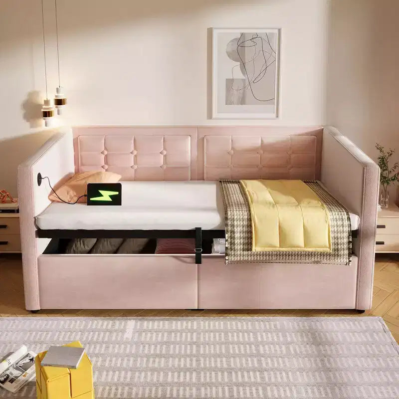 Canapé-lit moderne double avec USB et rangement dissimulé, lit de repos capitonné rembourré pour chambre à coucher, chambre d'enfant, bureau