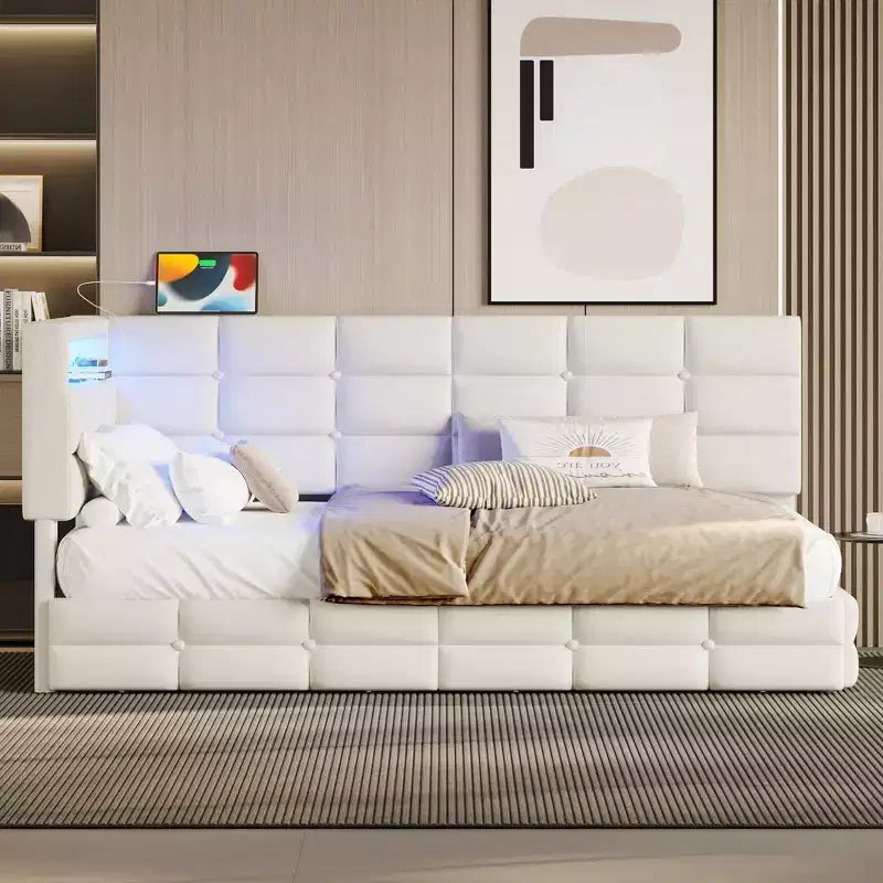 Canapé-lit moderne double avec USB et rangement dissimulé, lit de repos capitonné rembourré pour chambre à coucher, chambre d'enfant, bureau