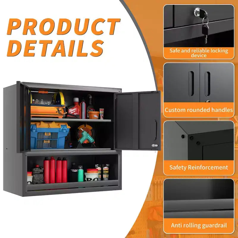 Armoire murale 30H en acier – Portes verrouillables + Tiroir ouvert + Étagère réglable, Acier laminé à froid, Garage/Bureau/Entrepôt/Maison/École