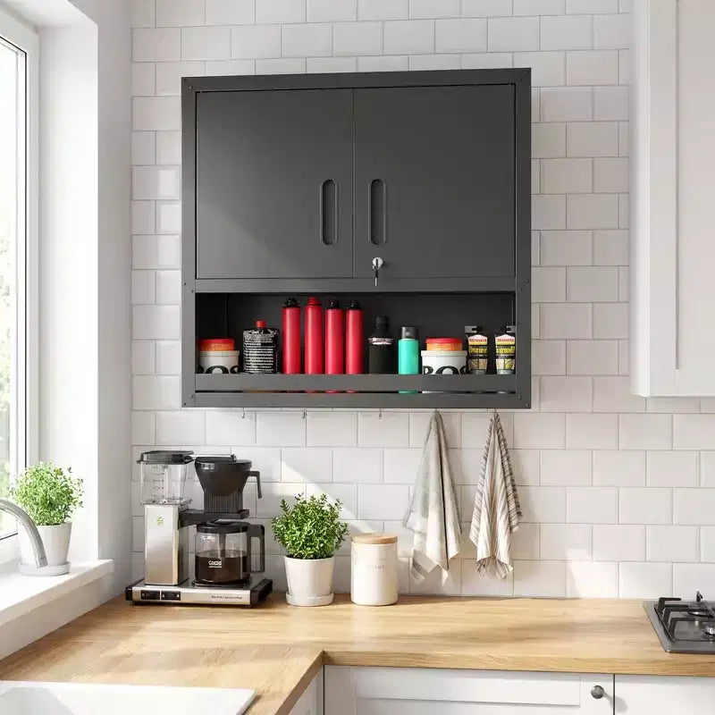 Armoire murale 30H en acier – Portes verrouillables + Tiroir ouvert + Étagère réglable, Acier laminé à froid, Garage/Bureau/Entrepôt/Maison/École