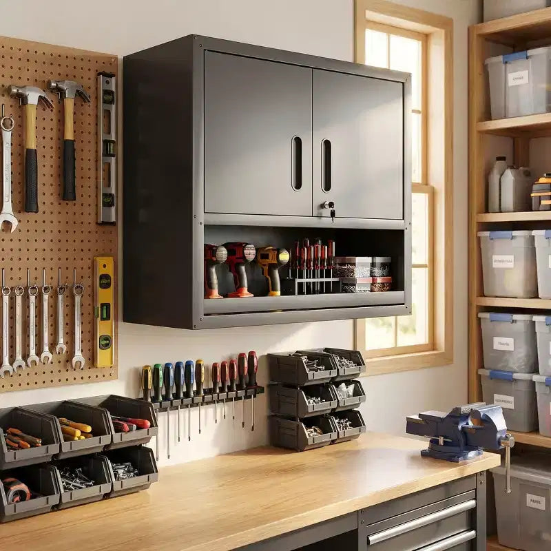Armoire murale 30H en acier – Portes verrouillables + Tiroir ouvert + Étagère réglable, Acier laminé à froid, Garage/Bureau/Entrepôt/Maison/École